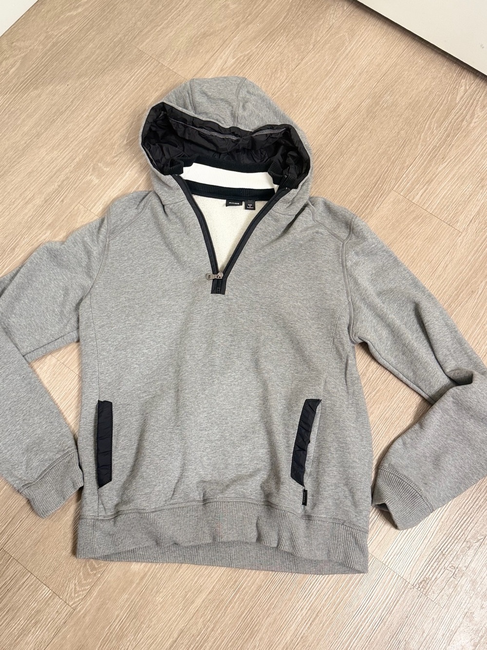 Boss Men's Light Gray Hooded Quarter-Zip Sweater with Black Trim